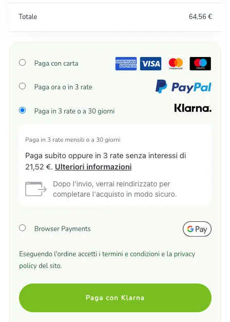 Guida visiva ai passaggi per controllare il pagamento Klarna sullo shop Herbal Nutrizione