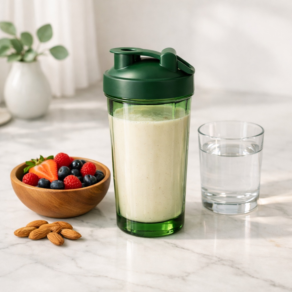 Colazione equilibrata con frullato Herbalife Formula 1, bacche e mandorle su un bancone moderno.