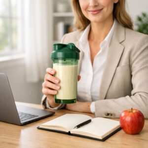 Professionista che integra un pasto sostitutivo Herbalife Formula 1 durante la giornata lavorativa per il controllo del peso.