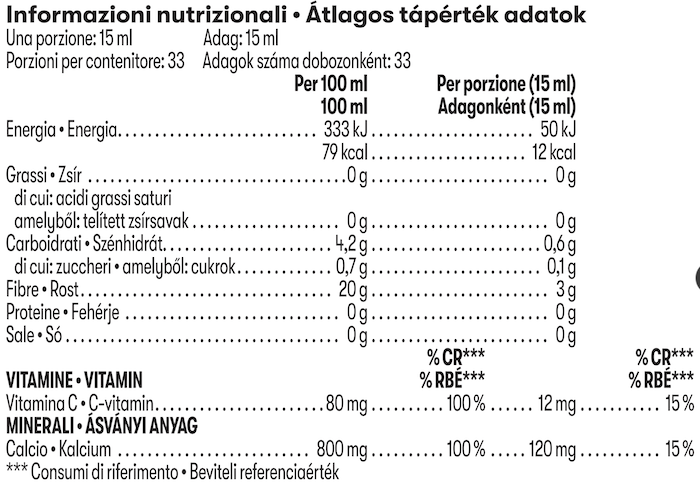 Etichetta ingredienti Bevanda Concentrata di Fibre Herbalife con Nutriose